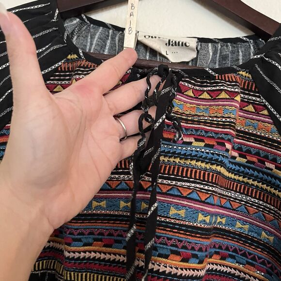 Savanna Jane Embroidered Split Tie V Neck 3/4 Sleeve Striped Boho Peasant SZ L - Picture 4 of 9